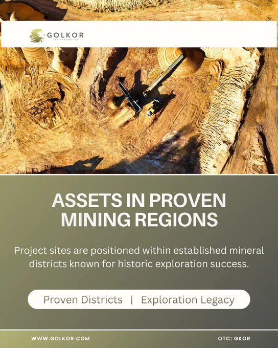 Drone view of an active open-pit mine and excavation machinery highlighting Golkor, Inc.’s strategy of developing assets in historically productive mineral districts.