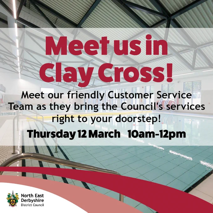 Event announcement for North East Derbyshire District Council: "Meet us in Clay Cross" on Thursday, 12 March from 10am-12pm at a pool venue.