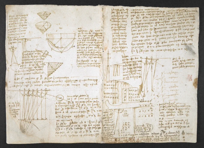 An opening from Leonarda da Vinci's Notebook, featuring mirror writing and diagrams. 