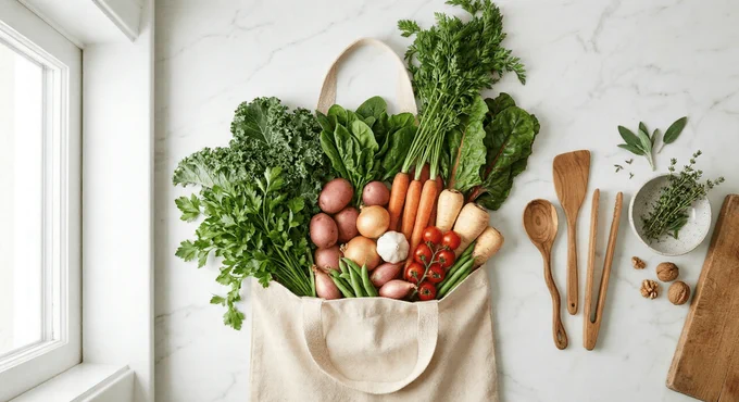 A colorful assortment of vegetables and herbs is packed in a bag on a countertop.