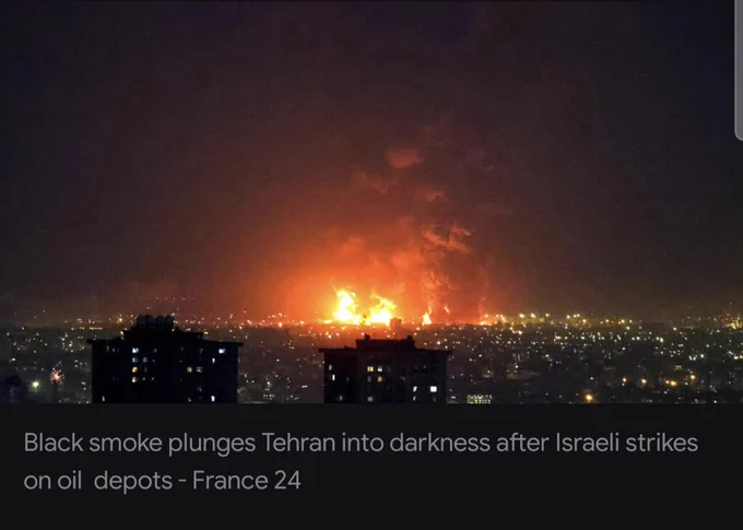 Streets of Tehran covered in oily black rain after refinery explosions; cars and buildings smeared with petroleum residue. Toxic fallout from |srael's attack on gas stations.