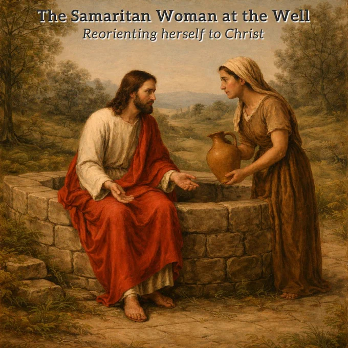 A classical-style oil painting of Jesus speaking with the Samaritan woman at a stone well. Jesus sits beside the well wearing a white tunic and red cloak, looking directly at the woman with compassion. She stands holding a clay water jar and meets his gaze as they converse. The scene is set in a quiet countryside landscape with trees and distant hills. Text above the scene reads: “The Samaritan Woman at the Well — reorienting herself to Christ.”