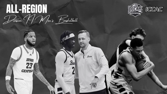 Black-and-white “All-Region” graphic for Division II Men’s Basketball with NJCAA Basketball and ICCAC logos. It features a collage of game photos: an Iowa Central player in uniform, a DMACC player talking with a coach, and two players battling for the ball on the right, all set against a textured dark background.