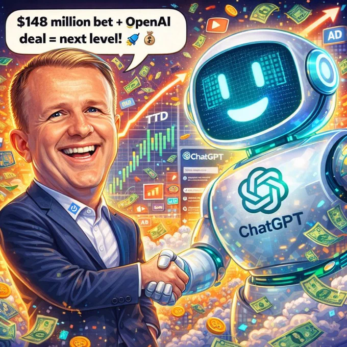 AI-generated caricature of Jeff Green shaking hands with a giant ChatGPT robot while money and stock charts rain down, speech bubble “$148 million bet   OpenAI deal = next level!” Viral meme style about today’s OpenAI partnership rumors.