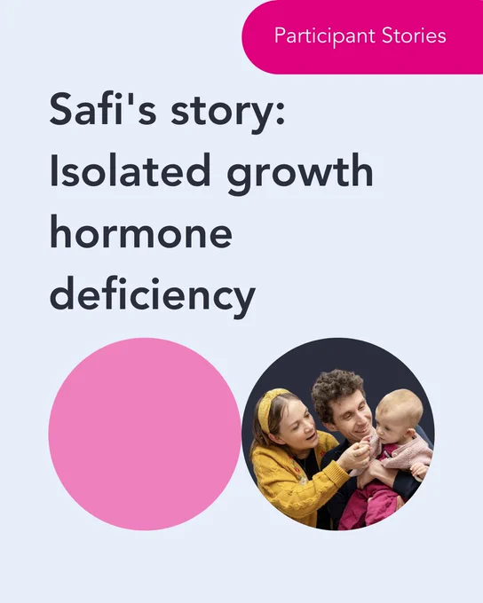An image of Safi and her parents on a participant story media card with the title 'Safi's story:
Isolated growth hormone deficiency'.