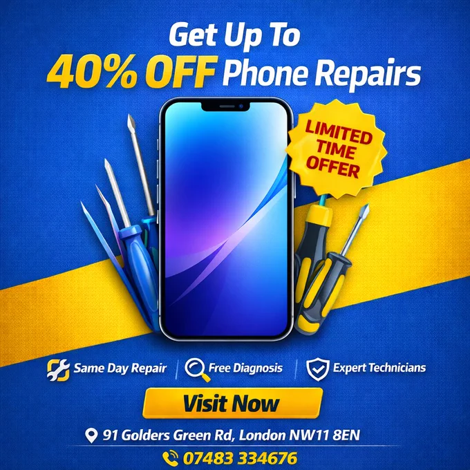 Phone Repair Golders Green London – Up To 40% Off Screen & Battery Repairs | Same Day Service

🔧 Cracked Screen or Broken Phone? We Can Fix It Today!

Looking for fast and affordable phone repair in Golders Green, London NW11?
At While You Wait Repairs, our expert technicians repair most phones the same day while you wait.

💥 Limited Time Offer – Get Up To 40% OFF Phone Repairs

We repair:
📱 Cracked Screens
🔋 Battery Replacement
🔌 Charging Port Issues
💧 Water Damage
📷 Camera Problems
🔊 Speaker & Microphone Faults

✔ Same Day Repair
✔ Free Diagnosis
✔ Expert Technicians
✔ No Fix No Fee

📍 Visit Us Today
91 Golders Green Rd
London NW11 8EN