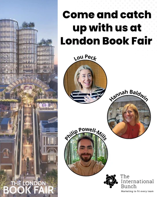 Invitation to meet Lou Peck, Hannah Baldwin, and Philip Powell-Mills at the London Book Fair. 