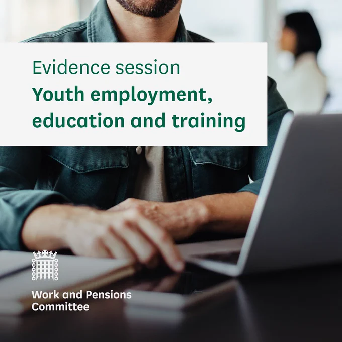 Evidence session. Youth employment, education and training. Work and Pensions Committee. A photograph of a man working at a laptop.