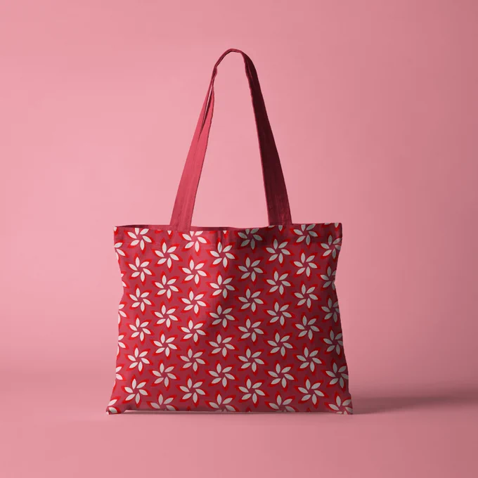 Seamless floral pattern design applied on tote bag, bedding fabric, and textile mockups showcasing modern surface pattern design for product and textile applications.