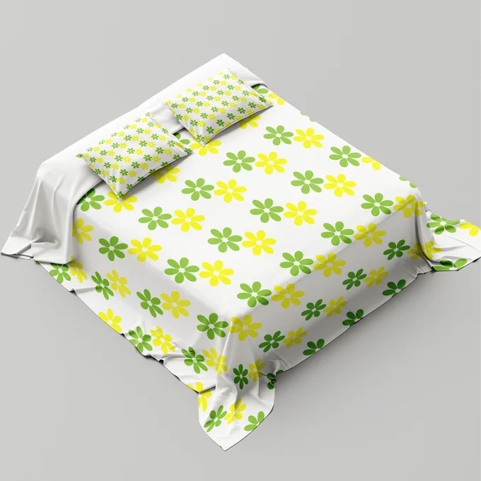 Seamless floral pattern design applied on tote bag, bedding fabric, and textile mockups showcasing modern surface pattern design for product and textile applications.