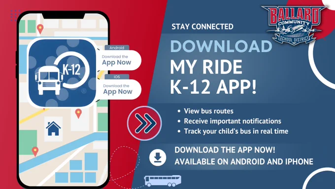 Smartphone screen showing a K-12 bus tracking app with map and location pins for school bus routes.
