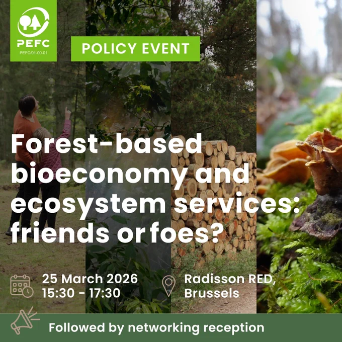 People observing a large stack of cut logs in a forest setting promoting a PEFC policy event on forest-based bioeconomy and ecosystem services.