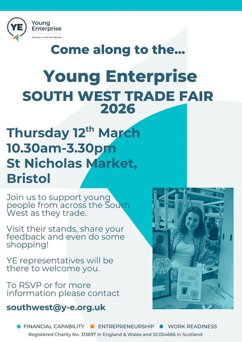 Poster for the Young Enterprise South West Trade Fair 2026 with event details, along with a small photo of a trade fair stall and icons for financial capability, entrepreneurship and work readiness.