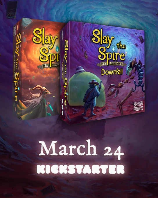 Both Slay the Spire and Downfall Board Game Boxes side by side with the caption "March 24th Kickstarter"