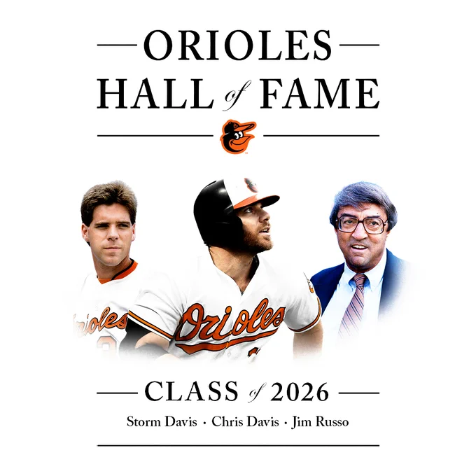 Orioles Hall of Fame | Class of 2026

Storm Davis | Chris Davis | Jim Russo

The graphic features an image of each of the inductees. Storm Davis and Chris Davis are wearing white Orioles uniforms. Jim Russo is wearing a suit and tie.