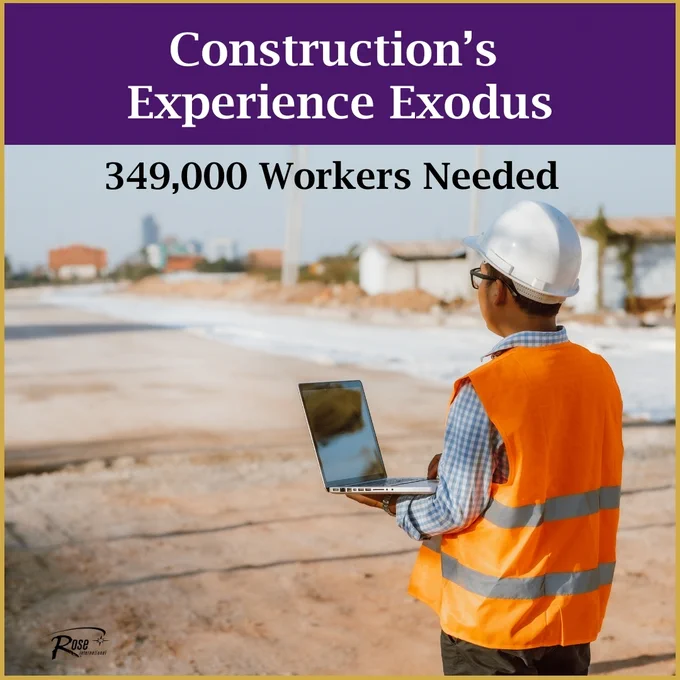 Rose International shares an image that reads “Construction’s Experience Exodus: 349,000 Workers Needed.”