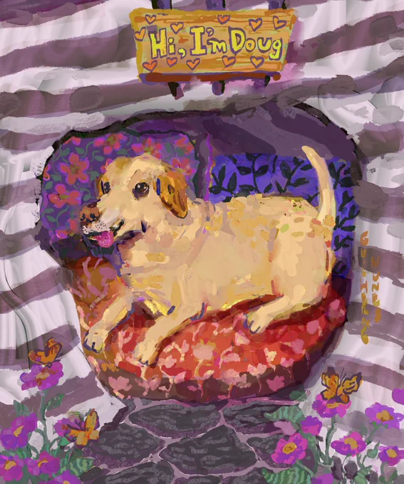 painting of a Labrador dog in a very bright doghouse surrounded by flowers 