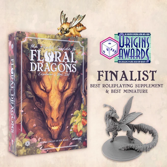Box of The Field Guide to Floral Dragons with a bee miniature on top and a detailed dragon miniature beside it, noting the items as Origins Awards finalists.