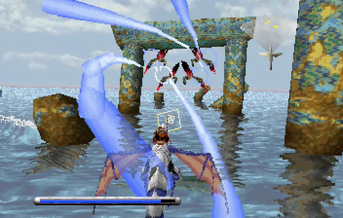 A screenshot from Panzer Dragoon in which the player is launching several locked-on laser blasts at some enemies in the first stage.