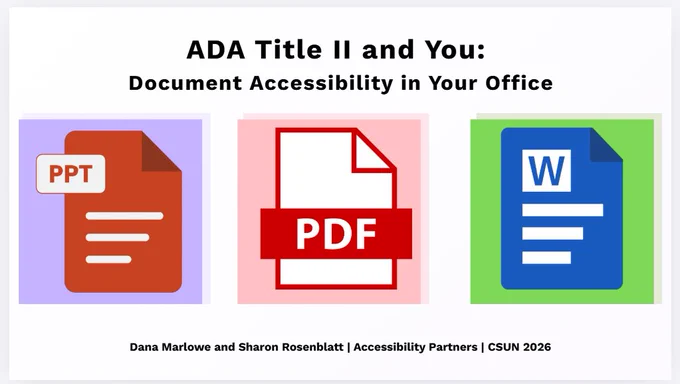 Cover slide of ADA Title II and You: Document Accessibility in Your Office. Image of three document logos (PPT, PDF, and Word). Dana Marlowe and Sharon Rosenblatt. Accessibility Partners, CSUN 2026. 