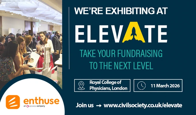 event promo flyer with a picture of people networking at last year's event on the left, to the right promotion of ELEVATE and the fact enthuse is exhibiting