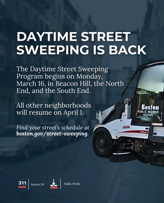 Daytime street sweeping program begins on Monday, March 16 in Beacon Hill, the North End, and the South End.