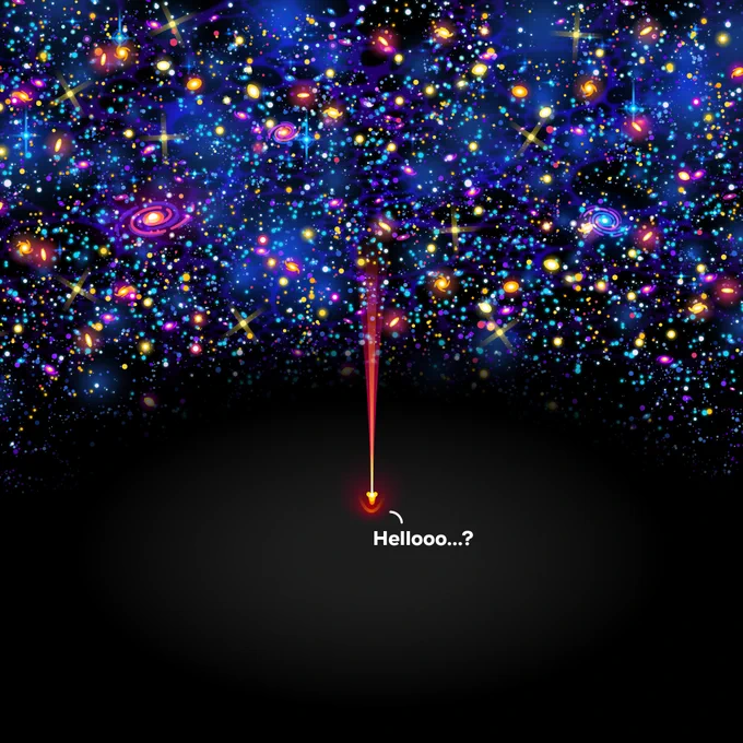 An illustration of a spaceship flying from an area full of stars and galaxies, and into a cosmic void, with a text saying "Hellooo...?" extending out of it.