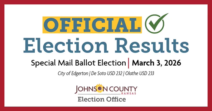 Blue text white background: Official Election Results; Black text: Special Mail Ballot Election | March 3, 2026; City of Edgerton | De Soto USD 232 | Olathe USD 233; Johnson County Election Office Logo; Graphics: green checkmark icon; red box outlining image
