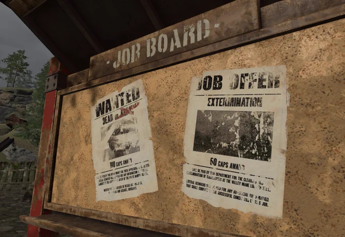 Bounty board with wanted posters plastered on it with jobs available.
