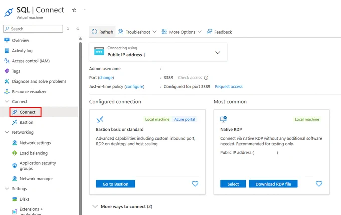 Screenshot of Azure portal, connect to VM, with download RDP highlighted.