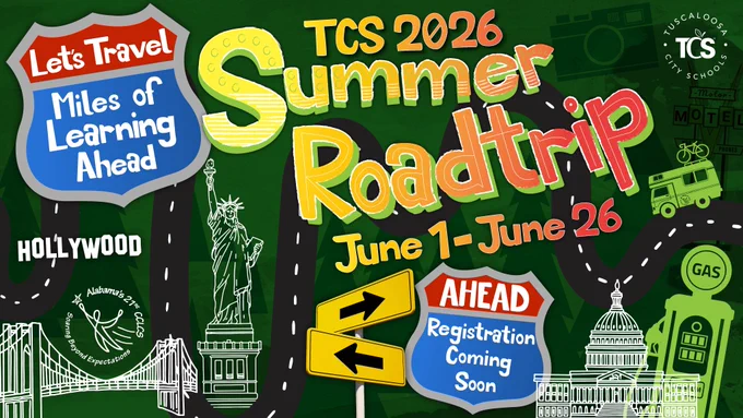 Summer Learning program graphic: TCS 2026 Summer Road trip, June 1-June 26. Let's travel: Miles of learning ahead. Registration coming soon!