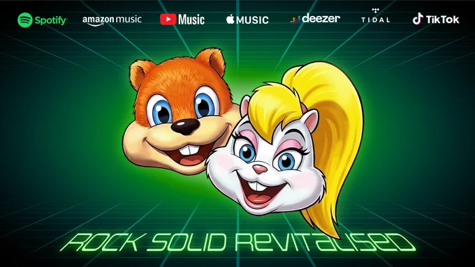 The cheery faces of Conker and Berri, a red squirrel and chipmunk respectively, smile at you over a green grid-like background disappearing into the distance. Title below reads 'Rock Solid Revitalised', and the image also features the logos for Spotify, Amazon Music, YouTube Music, Apple Music, Deezer, Tidal and TikTok.