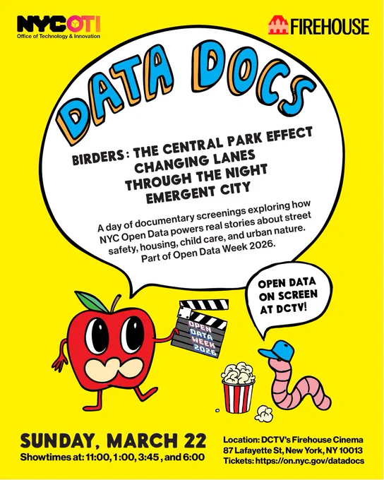 Bright yellow poster for Data Docs event featuring a cartoon apple and worm promoting NYC Open Data Week 2026 screenings, taking place sunday march 22