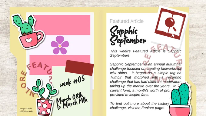 Image of an open folder on a desk, on the left is a polaroid containing an image of the Sapphic flag, which has a dark pink top stripe, a wide white center stripe, and a dark pink bottom stripe, in the center of the white stripe is a violet-colored flower. There is also plant shaped clips and a note that reads 'week 21, March 08 to March 14'. On the right is a paper that includes the text from Featured Article post, plus another plant shaped clip. The Fanlore logo is in the upper right corner.