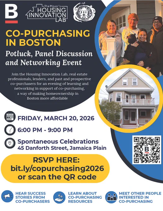 Flyer for Boston's Co-Purchasing event on March 20, 2026, featuring a potluck, panel discussion, and networking at Spontaneous Celebrations.