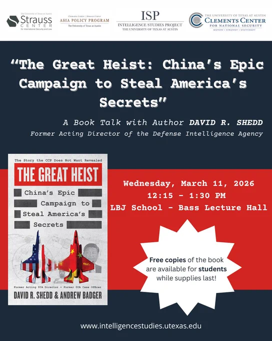 Book cover titled “The Great Heist.” The title appears in large white letters on a red banner at the top. Below, the subtitle reads “China's Epic Campaign to Steal America's Secrets,” styled like labeled file tabs on a gray background. In the center are small U.S. and Chinese flag-colored fighter jets situated parallel to each other. The authors’ names, David R. Shedd and Andrew Badger, appear at the bottom.