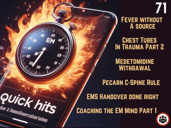 In this month's EM Quick Hits Podcast we introduce not one, but two new series! First, "EMC²" - EM Cases Cases (we know, horrible name ;) where Anton or Katie discuss a knowledge building case with a special guest. And second, "Coaching the EM Mind" with Dr. Sara Gray a professional coach for EM providers, where Katie discusses with her the science and best expert advice on how to perform your best in the ED. Plus, a withdrawal syndrome that is new EDs, life-threatening and requires specific treatment - metetomadine withdrawal, EMS handover done right, why community ED docs should not use the PECARN C-spine Rule and Part 2 of Petro's tips on management of traumatic pneumothorax... 