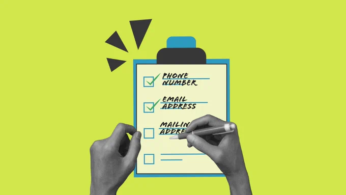 A person holds a clipboard with a to-do list on a bright yellow-green background. The list includes items with checkboxes: phone number, email address, and mailing address, with checks next to them. Another box is empty at the bottom.