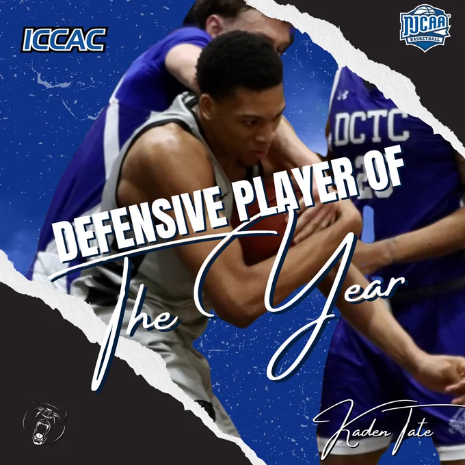 ICCAC “Defensive Player of the Year” graphic featuring Kaden Tate in a game action photo securing the basketball while being defended, set on a blue torn-paper background. Large text reads “DEFENSIVE PLAYER OF THE YEAR,” with “Kaden Tate” in script, plus ICCAC and NJCAA Basketball logos and a bear team logo.