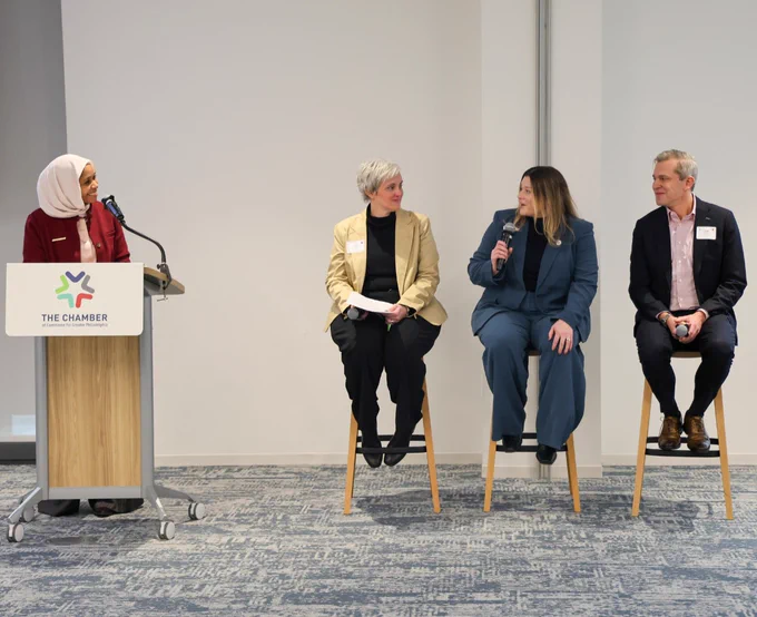 Image of Krista Seng (middle) speaking during a panel discussion at the Chamber of Commerce for Greater Philadelphia’s “State of CSR” event.