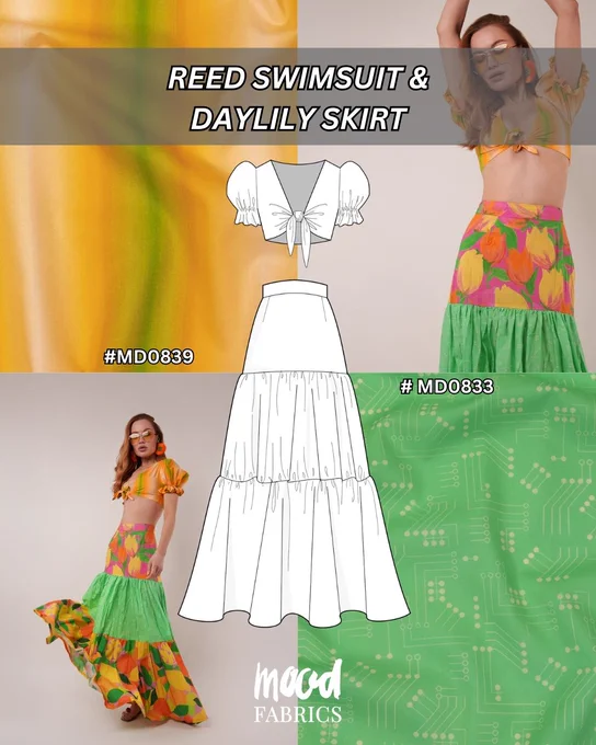 Reed Swimsuit top styled with Daylily Skirt tiered maxi skirt sewing pattern designed for colorful resort outfits