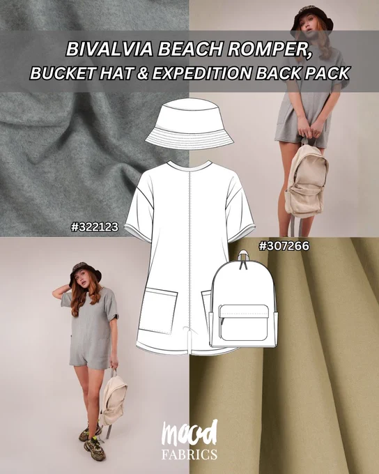 Bivalvia Beach Romper with Bucket Hat and Expedition Backpack sewing pattern set designed for casual resortwear and travel outfits