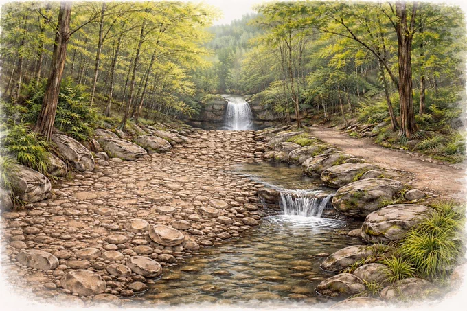 Dry creek bed transitioning into flowing water leading to a small waterfall along a forest trail, illustrated in watercolor and colored pencil style.