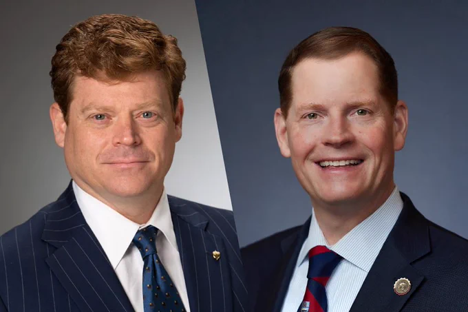 Side by side headshot portraits of Rick Nagel (left) and Bob Ross