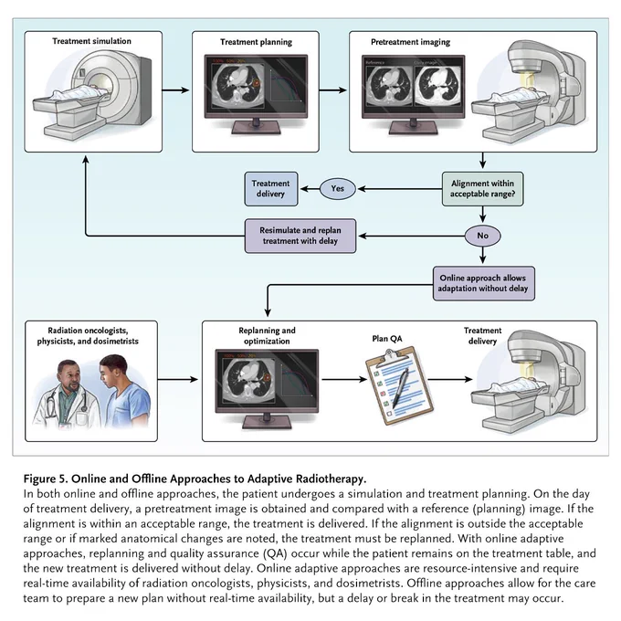 Figure 5. Online and Offline Approaches to Adaptive Radiotherapy.
In both online and offline approaches, the patient undergoes a simulation and treatment planning. On the day of treatment delivery, a pretreatment image is obtained and compared with a reference (planning) image. If the alignment is within an acceptable range, the treatment is delivered. If the alignment is outside the acceptable range or if marked anatomical changes are noted, the treatment must be replanned. With online adaptive approaches, replanning and quality assurance (QA) occur while the patient remains on the treatment table, and the new treatment is delivered without delay. Online adaptive approaches are resource-intensive and require real-time availability of radiation oncologists, physicists, and dosimetrists. Offline approaches allow for the care team to prepare a new plan without real-time availability, but a delay or break in the treatment may occur.