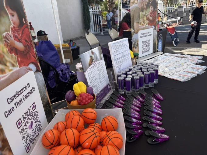A table at an outdoor event is covered with promotional materials. There are small basketballs, purple containers, and brochures displayed.