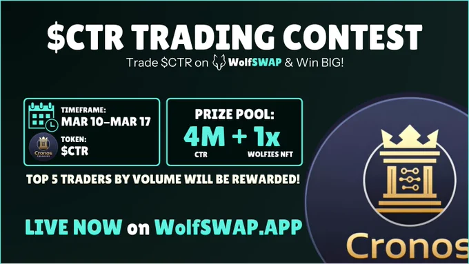 A promotional graphic details the $CTR Trading Contest offering a prize pool of 4 million $CTR and 1 NFT for top traders.