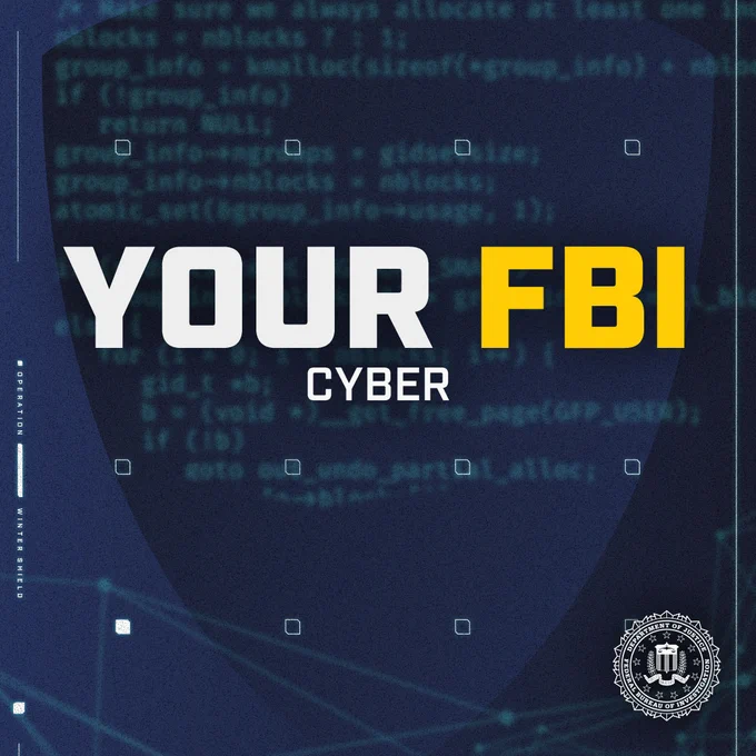 A graphic featuring the text "YOUR FBI" in bold yellow and white letters, with the word "CYBER" in white below it. The background consists of a dark blue digital design with lines of code and a network pattern. The FBI seal is in the bottom right corner. 