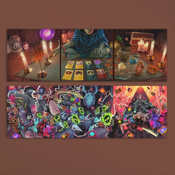 Glossy trifold featuring new art of Slay the Spire enemies and characters and art of the Merchant at his rug.