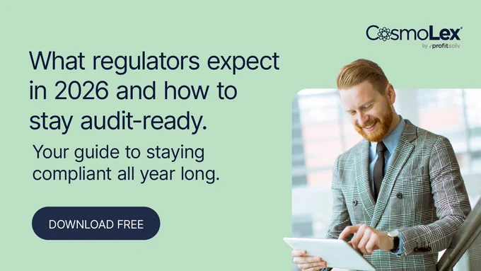 CosmoLex promotional image featuring key text: 'What regulators expect in 2026 and how to stay audit-ready. Your guide to staying compliant all year long.' Includes a 'Download Free' button and a person holding a tablet. 